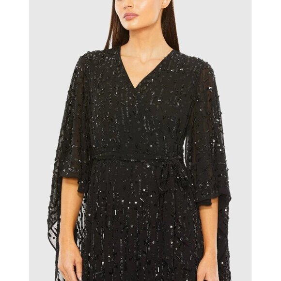 Mac Duggal Size Small 94044 Black Cape Back Fringe Beaded Robe Cocktail Dress - Picture 2 of 8